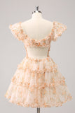 Yellow A-Line Ruffled Floral Print Graduation Dress