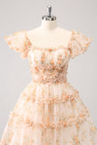 Yellow A-Line Ruffled Floral Print Graduation Dress