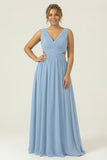 Dusty Blue Ruched V-Neck A Line Long Plus Size Bridesmaid Dress