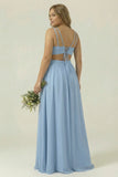 Dusty Blue Ruched V-Neck A Line Long Plus Size Bridesmaid Dress