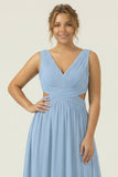 Dusty Blue Ruched V-Neck A Line Long Plus Size Bridesmaid Dress