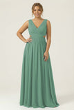 Dusty Blue Ruched V-Neck A Line Long Plus Size Bridesmaid Dress