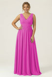 Dusty Blue Ruched V-Neck A Line Long Plus Size Bridesmaid Dress