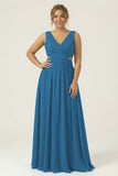 Dusty Blue Ruched V-Neck A Line Long Plus Size Bridesmaid Dress