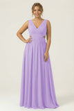 Dusty Blue Ruched V-Neck A Line Long Plus Size Bridesmaid Dress