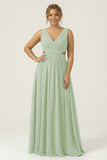 Dusty Blue Ruched V-Neck A Line Long Plus Size Bridesmaid Dress
