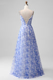 Blue Print A Line Spaghetti Straps Long Prom Dress with Lace Up Back