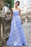 Blue Print A Line Spaghetti Straps Long Prom Dress with Lace Up Back