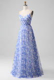 Blue Print A Line Spaghetti Straps Long Prom Dress with Lace Up Back