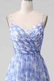 Blue Print A Line Spaghetti Straps Long Prom Dress with Lace Up Back