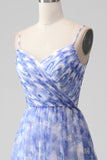 Blue Print A Line Spaghetti Straps Long Prom Dress with Lace Up Back