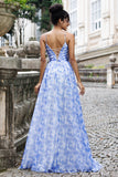 Blue Print A Line Spaghetti Straps Long Prom Dress with Lace Up Back