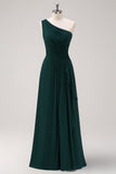 Dark Green One Shoulder Chiffon Pleated A-Line Long Bridesmaid Dress