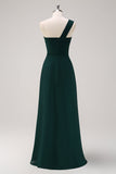 Dark Green One Shoulder Chiffon Pleated A-Line Long Bridesmaid Dress