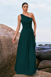 Dark Green One Shoulder Chiffon Pleated A-Line Long Bridesmaid Dress
