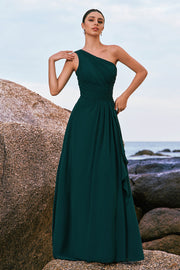 Dark Green One Shoulder Chiffon Pleated A-Line Maxi Dress