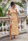 Yellow Flower A Line Hollow Out Tea Length Dress With Slit