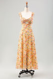 Yellow Flower A Line Hollow Out Tea Length Dress With Slit