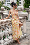 Yellow Flower A Line Hollow Out Tea Length Dress With Slit