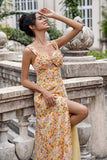 Yellow Flower A Line Hollow Out Tea Length Dress With Slit