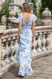 Blue Floral A Line Ruffles Asymmetrical Prom Dress
