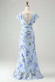 Blue Floral A Line Ruffles Asymmetrical Prom Dress