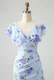 Blue Floral A Line Ruffles Asymmetrical Prom Dress