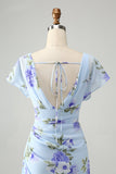 Blue Floral A Line Ruffles Asymmetrical Prom Dress