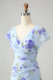 Blue Floral A Line Ruffles Asymmetrical Prom Dress