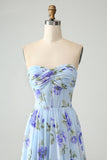 Blue Floral A-Line Strapless Pleated Maxi Dress
