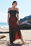 Sparkly Black Red Sheath Cold Shoulder Long Bridesmaid Dress