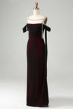 Sparkly Black Red Sheath Cold Shoulder Long Bridesmaid Dress