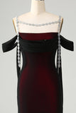 Sparkly Black Red Sheath Cold Shoulder Long Bridesmaid Dress