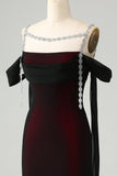 Sparkly Black Red Sheath Cold Shoulder Long Bridesmaid Dress