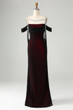 Sparkly Black Red Sheath Cold Shoulder Long Bridesmaid Dress