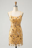 Glitter Yellow Sequined Embroidery Tight Short Graduation Dress with Beading