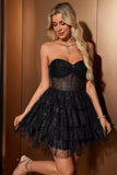 Sparkly Cute A Line Sweetheart Tiered Corset Little Black Dress