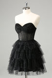 Sparkly A Line Sweetheart Tiered Corset Cute Little Black Dress