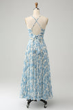 White Blue Flower A Line Spaghetti Straps Wedding Guest Dress