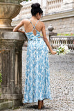 White Blue Flower A Line Spaghetti Straps Wedding Guest Dress