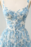 White Blue Floral A-Line Corset Tiered Maxi Dress