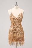 Sparkly Hot Pink Tight Sequins V Neck Graduation Dress with Fringes