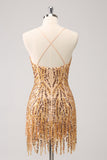 Sparkly Hot Pink Tight Sequins V Neck Graduation Dress with Fringes