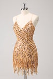 Sparkly Hot Pink Tight Sequins V Neck Graduation Dress with Fringes