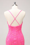 Sparkly Hot Pink Tight Sequins V Neck Graduation Dress with Fringes