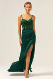 Dark Green Sheath Spaghetti Straps Satin Long Bridesmaid Dress with Slit