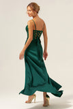 Dark Green Sheath Spaghetti Straps Satin Long Bridesmaid Dress with Slit
