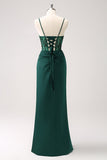 Dark Green Sheath Spaghetti Straps Satin Long Bridesmaid Dress with Slit