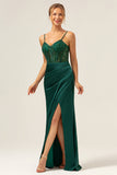 Dark Green Mermaid Corset Maxi Bridesmaid Dress with Slit