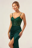Dark Green Mermaid Corset Maxi Bridesmaid Dress with Slit